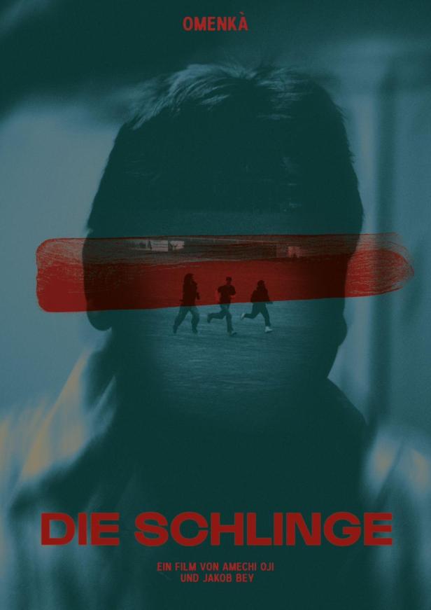 Das Filmplakat für „Die Schlinge“ zeigt drei rennende Personen vor dem Profil eines Gesichts.