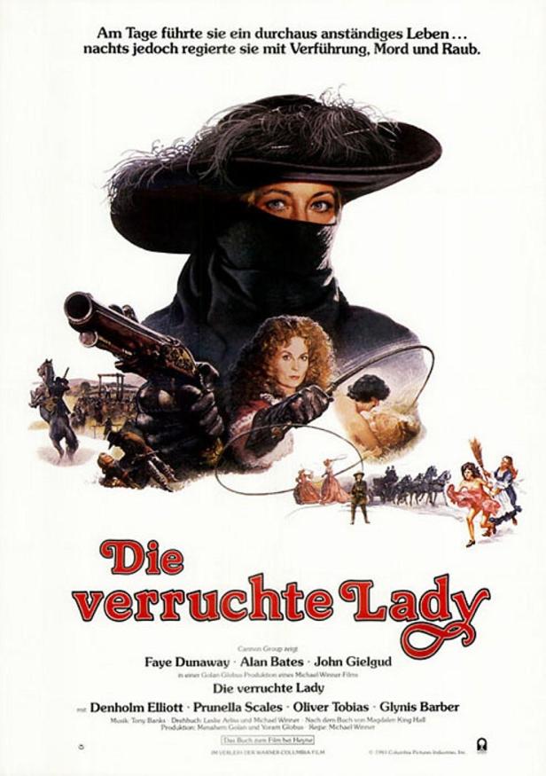 Das Filmplakat zu „Die verruchte Lady“ zeigt Faye Dunaway mit Pistole und Maske.