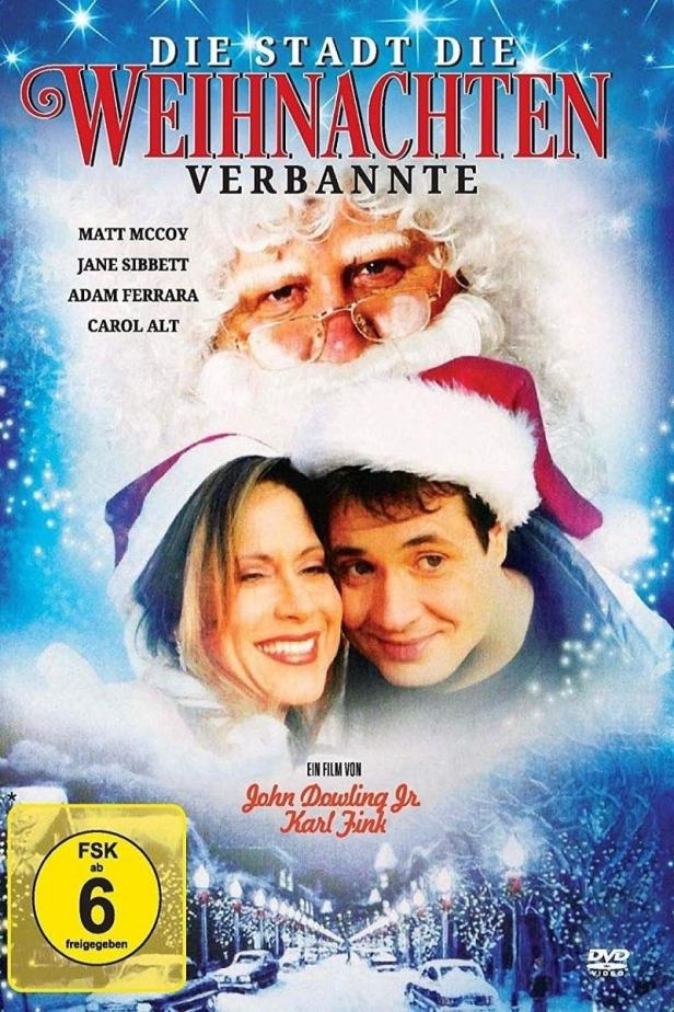 Das Filmplakat für „Die Stadt, die Weihnachten verbannte“ mit Matt McCoy, Jane Sibbett, Adam Ferrara und Carol Alt.