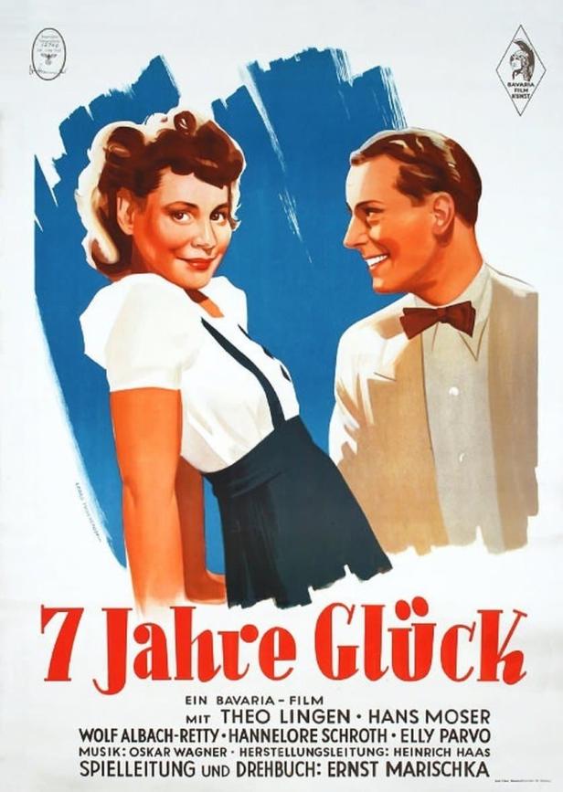 Das Filmplakat zu „7 Jahre Glück“ zeigt eine lächelnde Frau und einen Mann.