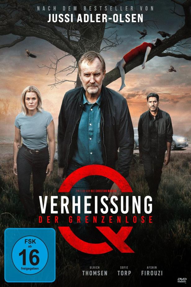 Das Filmplakat für „Verheissung – Der Grenzenlose“ zeigt die drei Hauptdarsteller vor einer düsteren Landschaft.