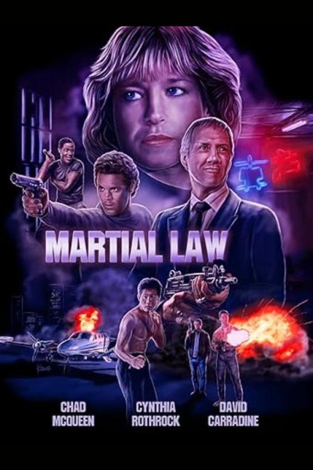 Das Filmplakat für „Martial Law“ zeigt Chad McQueen, Cynthia Rothrock und David Carradine in Action.