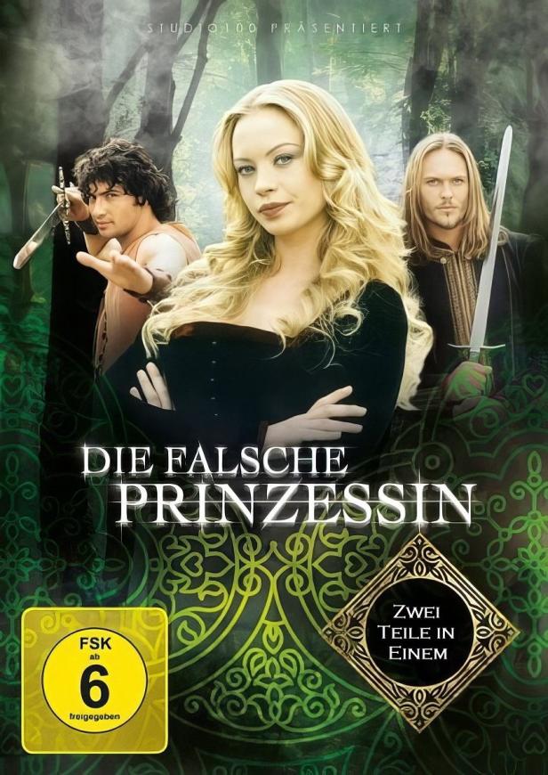 Das Filmplakat für „Die falsche Prinzessin“ zeigt drei Charaktere mit Schwertern vor einem grünen Hintergrund.