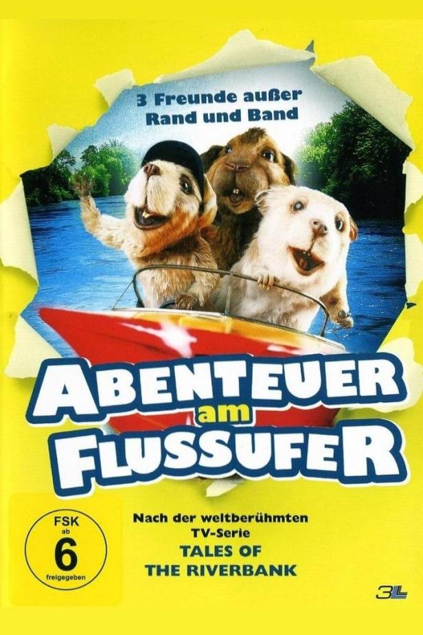 Das Cover des Films „Abenteuer am Flussufer“ zeigt drei animierte Freunde in einem Boot.
