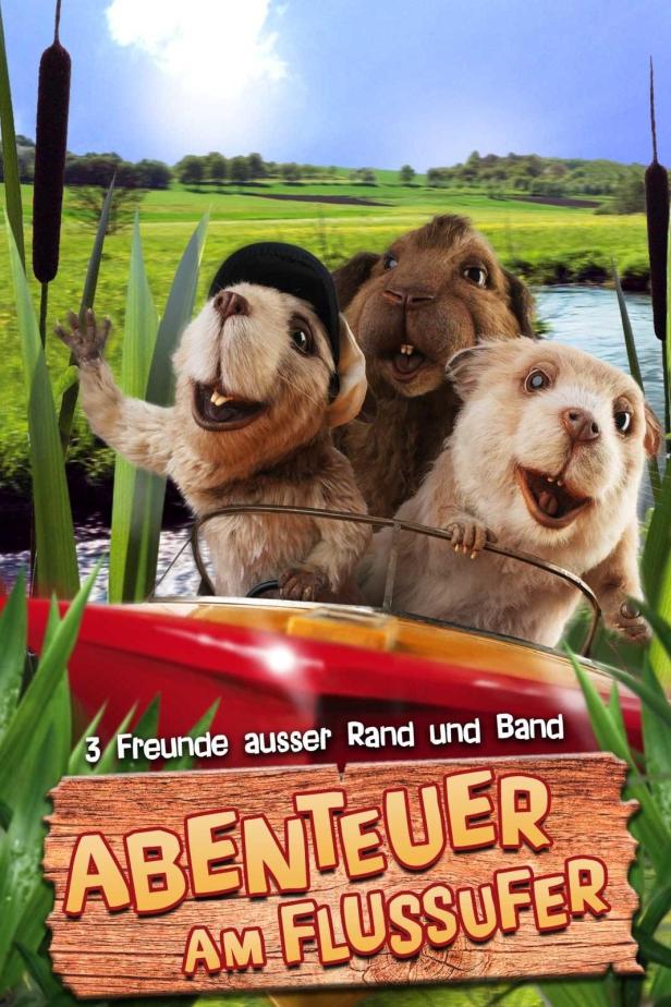 Drei animierte Biber fahren mit einem roten Boot auf einem Fluss.