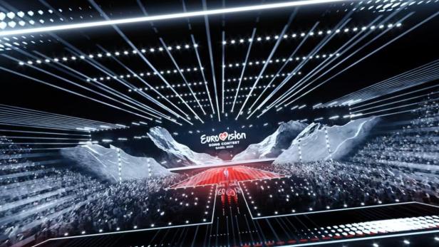 Die Bühne des Eurovision Song Contest 2025 in Basel mit Publikum und Lichteffekten.