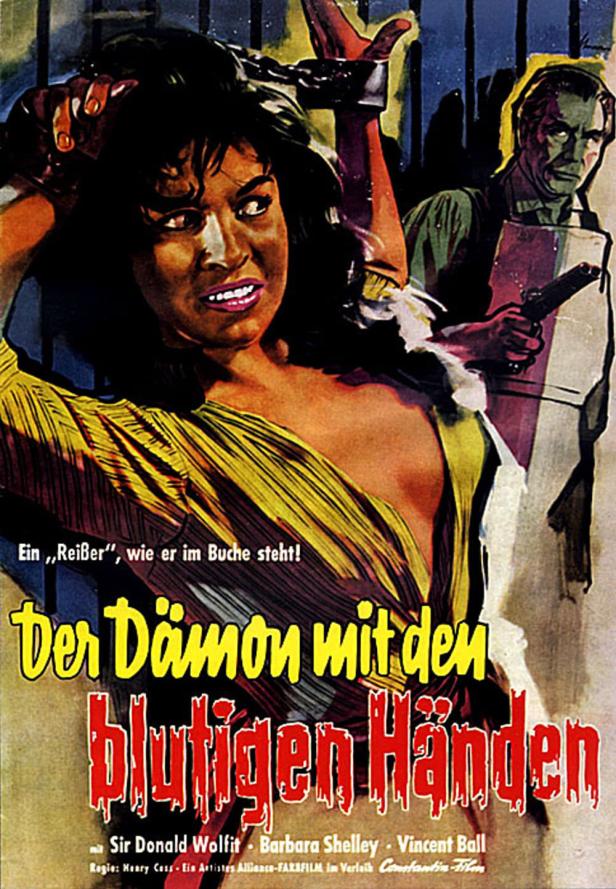 Das Filmplakat für „Der Dämon mit den blutigen Händen“ zeigt eine gefesselte Frau und einen Mann mit einer Waffe.