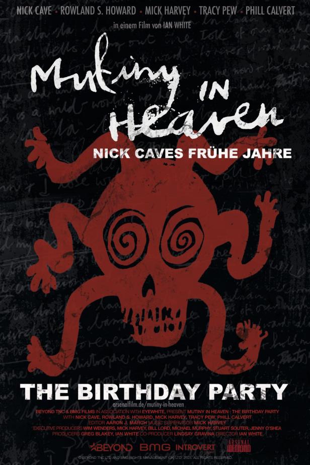 Das Filmplakat für „Mutiny in Heaven: The Birthday Party“ mit einem roten Totenkopf.