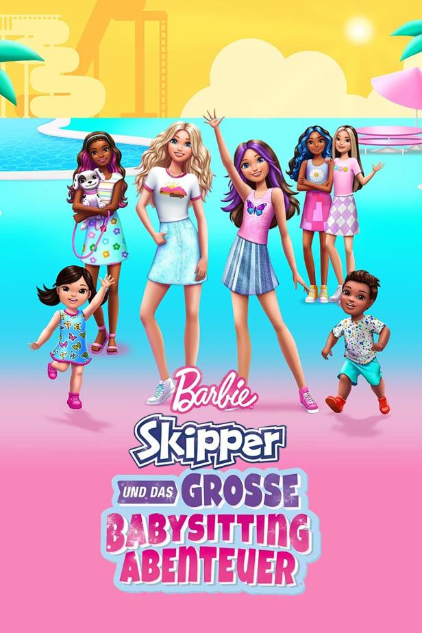 Das Cover von „Barbie, Skipper und das große Babysitting Abenteuer“ zeigt Barbie und ihre Freunde an einem Pool.