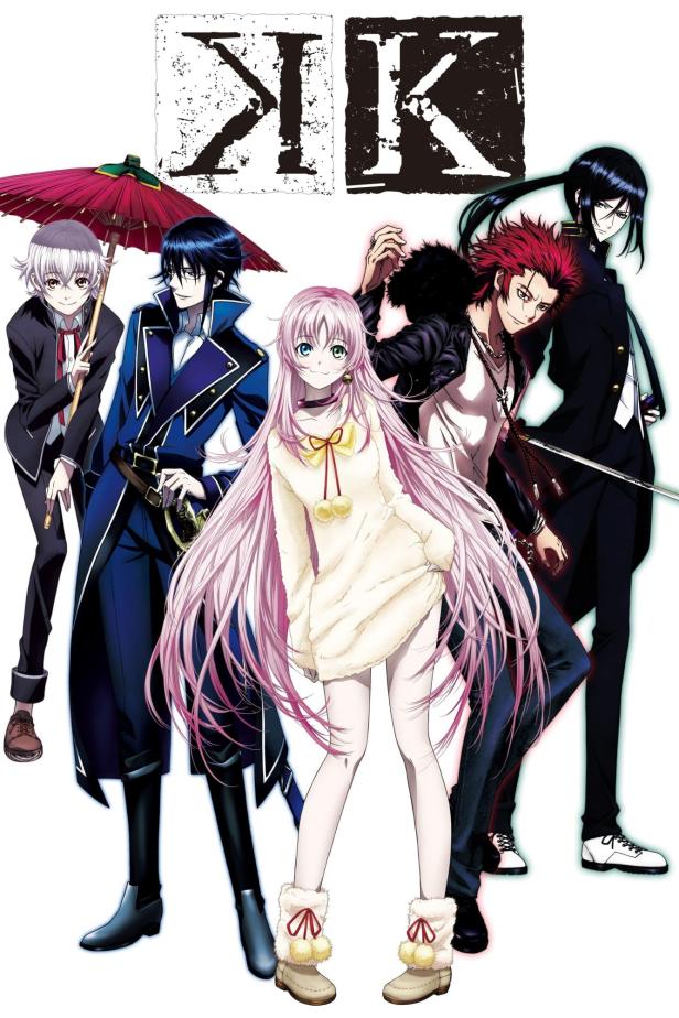 Eine Gruppe von Charakteren aus der Anime-Serie „K“ posiert vor dem Serientitel.