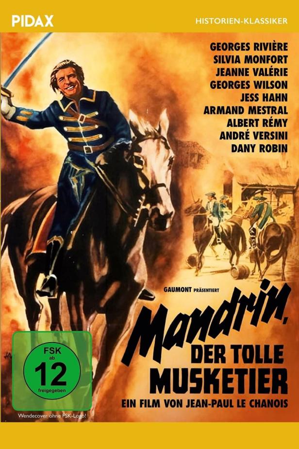 Das Filmplakat für „Mandrin, der tolle Musketier“ zeigt einen Mann zu Pferd mit gezogenem Degen.