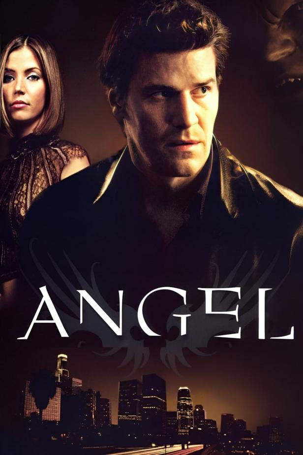 Das Filmplakat für die Fernsehserie „Angel“ mit David Boreanaz und Charisma Carpenter vor der Skyline von Los Angeles.