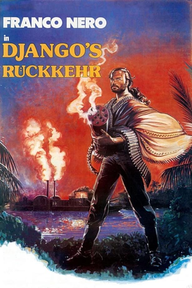 Franco Nero als Django mit einer Gatling Gun auf dem Filmplakat zu „Django’s Rückkehr“.