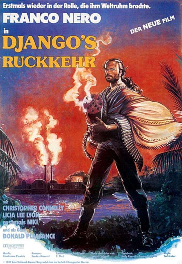 Filmplakat für „Django’s Rückkehr“ mit Franco Nero, der eine Gatling-Kanone hält.