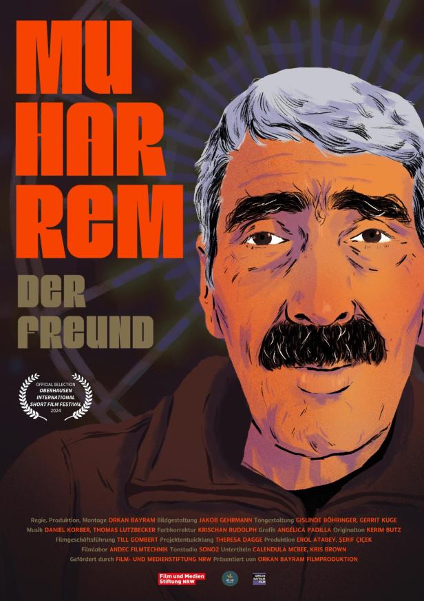 Filmplakat für „Muharrem Der Freund“ mit einer Illustration eines Mannes mit Schnurrbart.