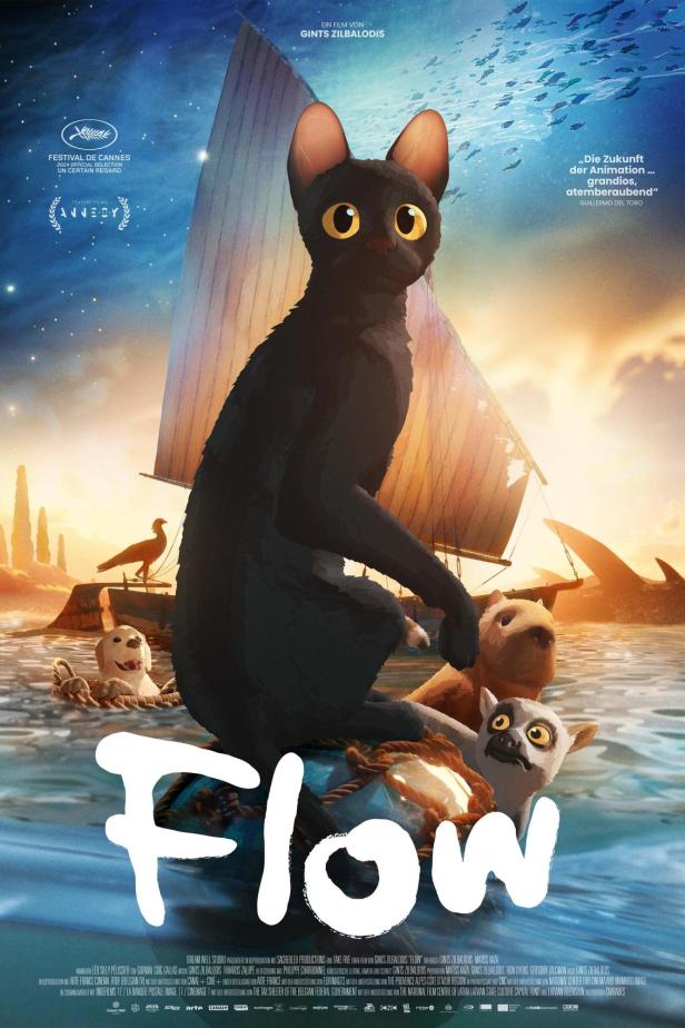 Ein schwarzer Kater sitzt auf einem Segelboot, umgeben von weiteren animierten Tieren, aus dem Film „Flow“.