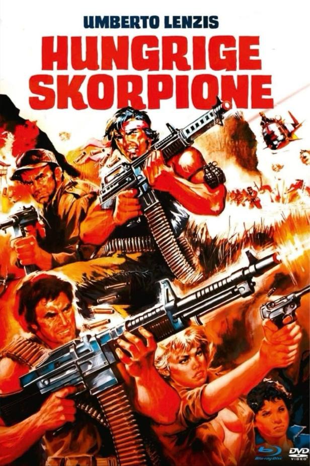 Das Filmplakat für Umberto Lenzis „Hungrige Skorpione“ zeigt bewaffnete Kämpfer.