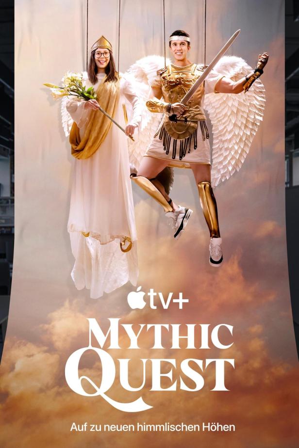 Werbeplakat für die Apple TV+ Serie „Mythic Quest“ mit zwei als Engel verkleideten Darstellern.