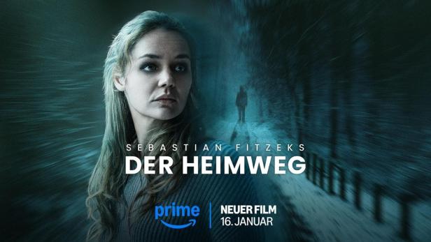 Das Filmplakat für Sebastian Fitzeks „Der Heimweg“ zeigt eine Frau und eine dunkle Gestalt im Schnee.