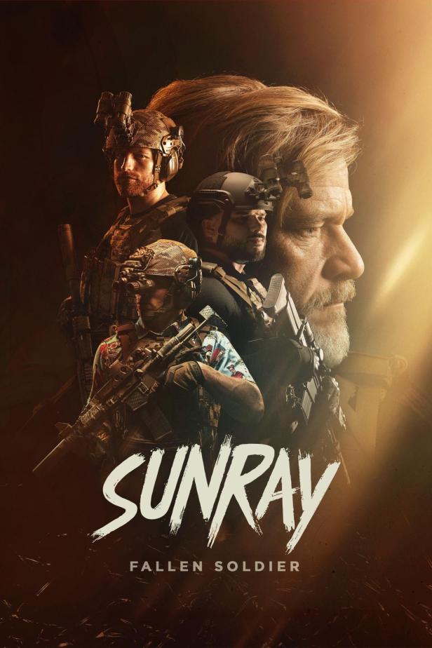 Das Filmplakat für „Sunray: Fallen Soldier“ zeigt mehrere Soldaten und ein Gesicht im Profil.