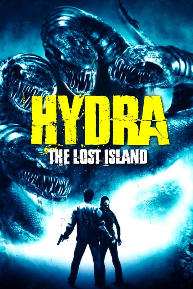 Das Filmplakat für „Hydra: The Lost Island“ zeigt eine mehrköpfige Schlange und zwei bewaffnete Personen.