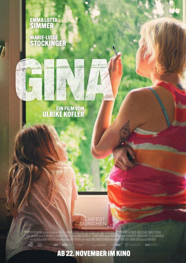 Das Filmplakat zu „Gina“ zeigt eine rauchende Frau und ein Mädchen am Fenster.