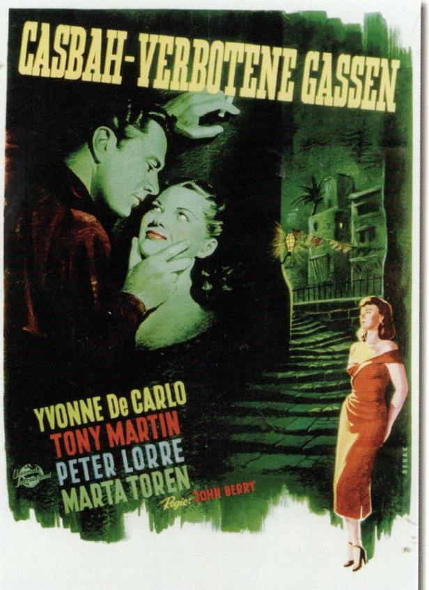 Das Filmplakat für „Casbah – Verbotene Gassen“ zeigt Yvonne De Carlo und Tony Martin.