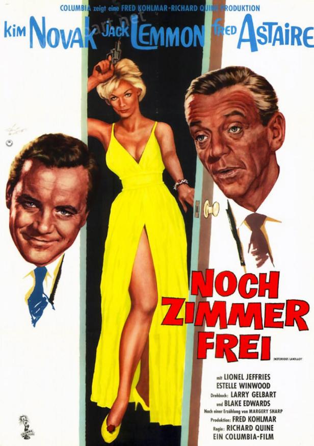 Das Filmplakat zu „Noch Zimmer Frei“ zeigt Kim Novak mit einer Pistole in der Hand, Jack Lemmon und Fred Astaire.