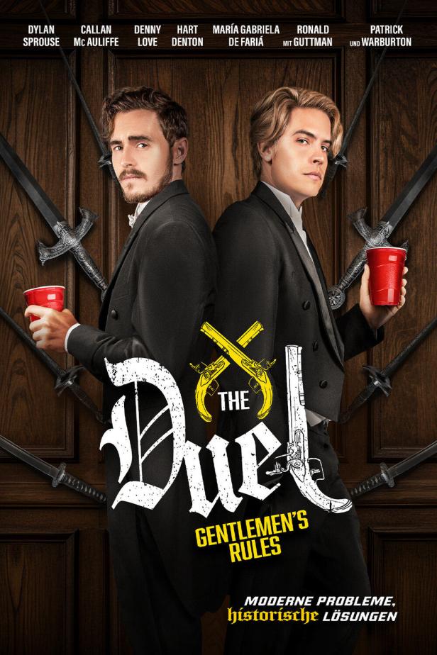 Das Filmplakat für „The Duel“ zeigt Dylan und Cole Sprouse mit roten Bechern vor einem Hintergrund aus Schwertern.