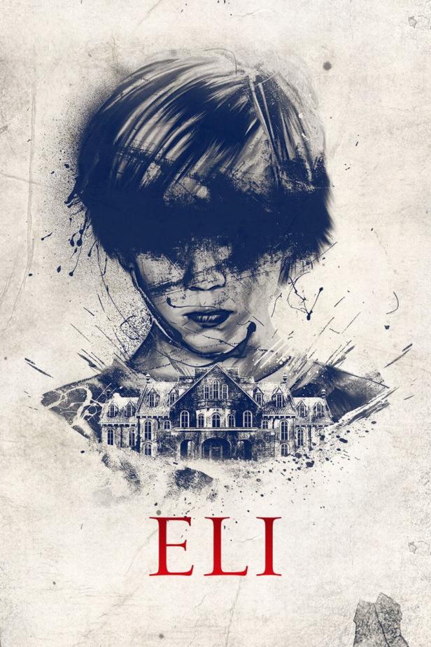 Ein Junge mit verdeckten Augen und ein großes Haus im Stil eines Filmplakats für „Eli“.