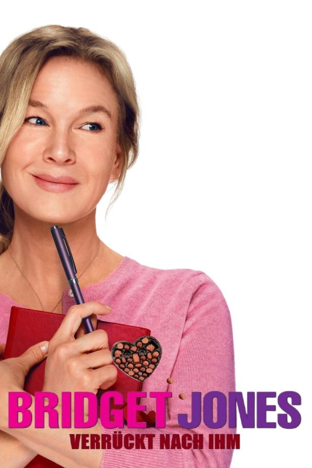 Das Filmplakat zu „Bridget Jones: Verrückt nach ihm“ zeigt Renée Zellweger mit einem roten Notizbuch und einem Stift.