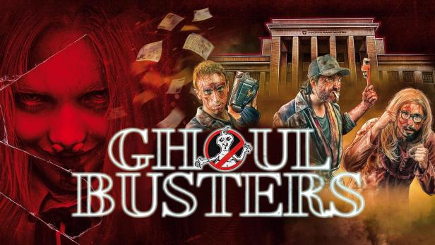 Das Filmplakat für „Ghoul Busters“ zeigt vier blutverschmierte Personen und ein Gebäude namens Colégio Isaac Newton.