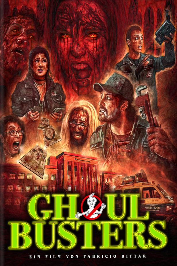 Das Filmplakat für „Ghoul Busters“ zeigt eine Gruppe von Ghul-Jägern vor einem roten, albtraumhaften Hintergrund.