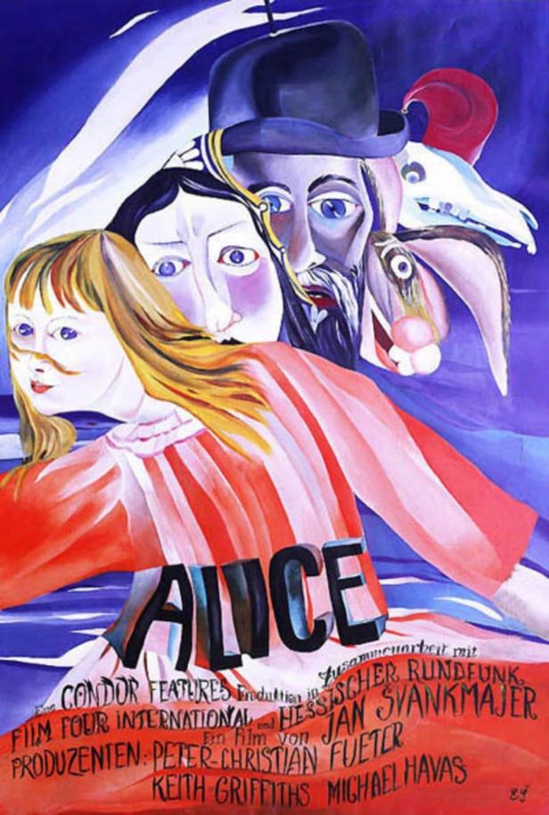 Das Filmplakat für Jan Švankmajers „Alice“ zeigt Alice, den Hutmacher und das weiße Kaninchen.