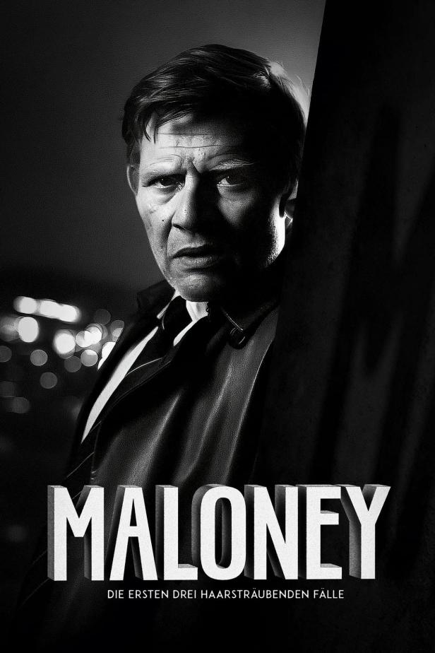 Schwarzweiß-Porträt eines Mannes im Anzug, möglicherweise eine Filmplakat für „Maloney“.