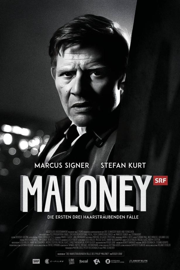 Schwarzweiß-Poster für „Maloney“ mit Marcus Signer in der Titelrolle.
