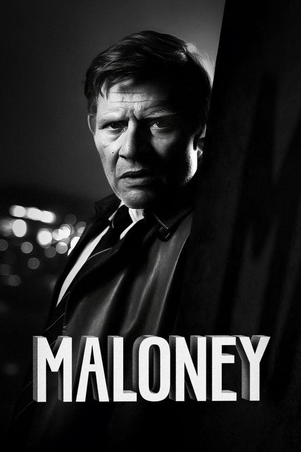 Ein Schwarz-Weiß-Porträt eines Mannes namens Maloney, möglicherweise ein Filmposter.