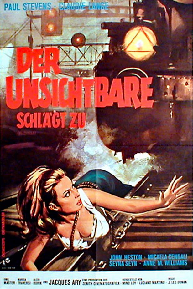 Eine Frau weicht auf dem Filmplakat von „Der Unsichtbare schlägt zu“ einem Zug aus.