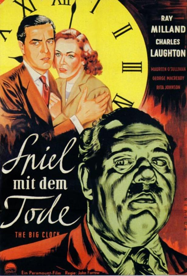 Das Filmplakat für „Spiel mit dem Tode“ zeigt Ray Milland, Charles Laughton und eine große Uhr.