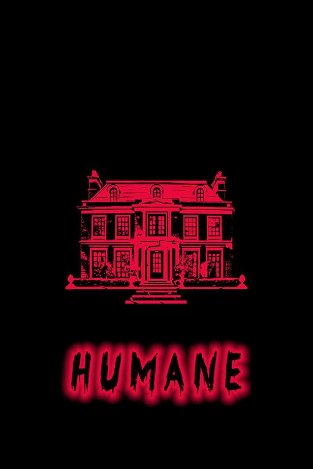 Ein rotes Herrenhaus mit dem Wort „HUMANE“ darunter auf schwarzem Hintergrund.