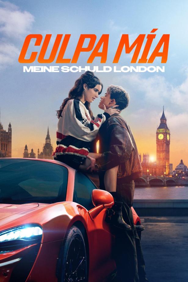 Ein Paar vor einem roten Sportwagen und der Londoner Skyline im Hintergrund, Filmposter „Culpa Mía – Meine Schuld London“.