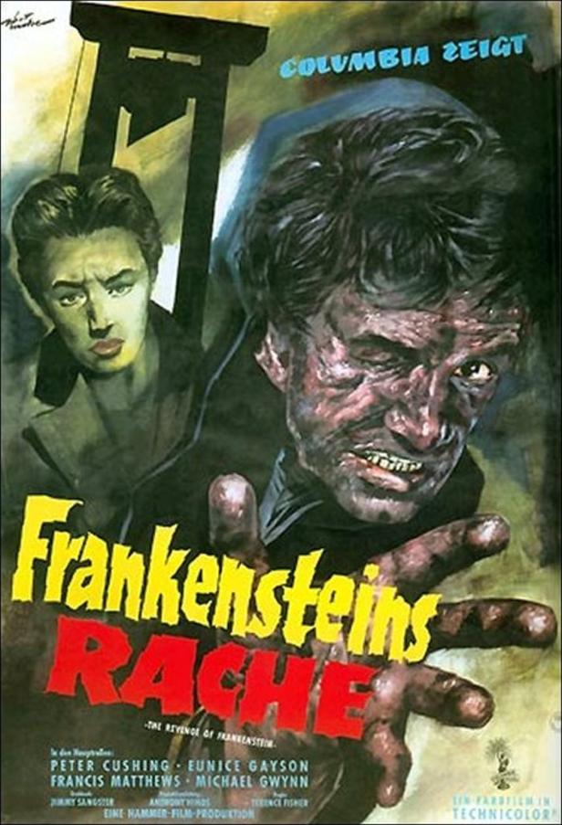 Das Filmplakat für „Frankensteins Rache“ zeigt das Monster und einen jungen Mann vor einer Guillotine.