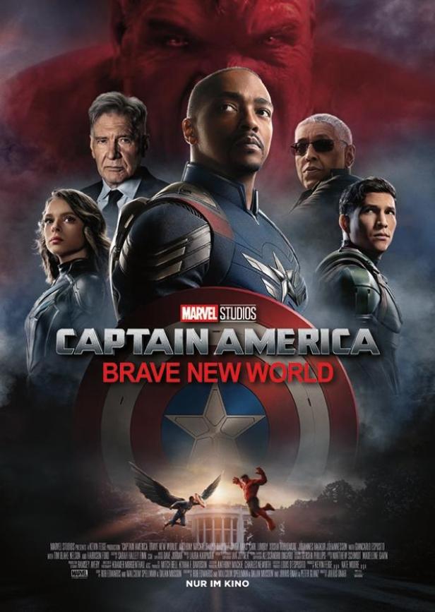 Das Filmplakat für „Captain America: Brave New World“ zeigt die Hauptdarsteller vor einem roten Hintergrund.