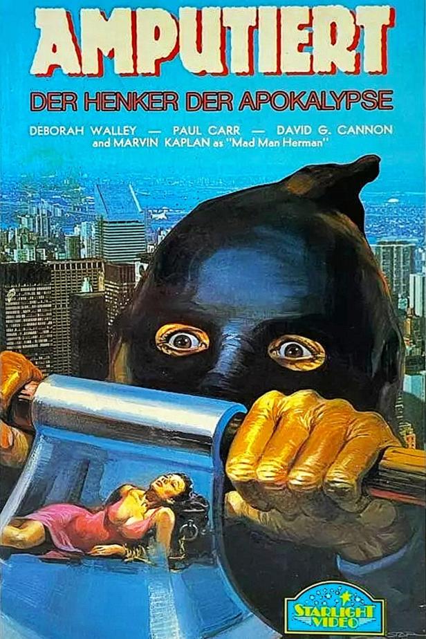 Das Cover des Films „Amputiert: Der Henker der Apokalypse“ zeigt einen maskierten Mann mit einer Axt über einer Frau.