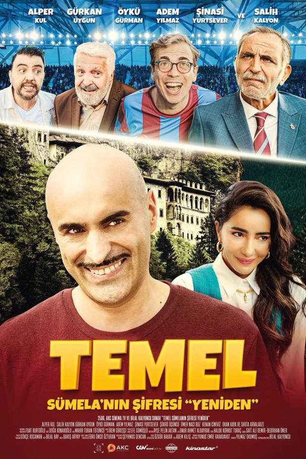 Das Filmplakat für „Temel: Sümelas Passwort – Wiedergeburt“ mit den Hauptdarstellern vor einem Kloster.