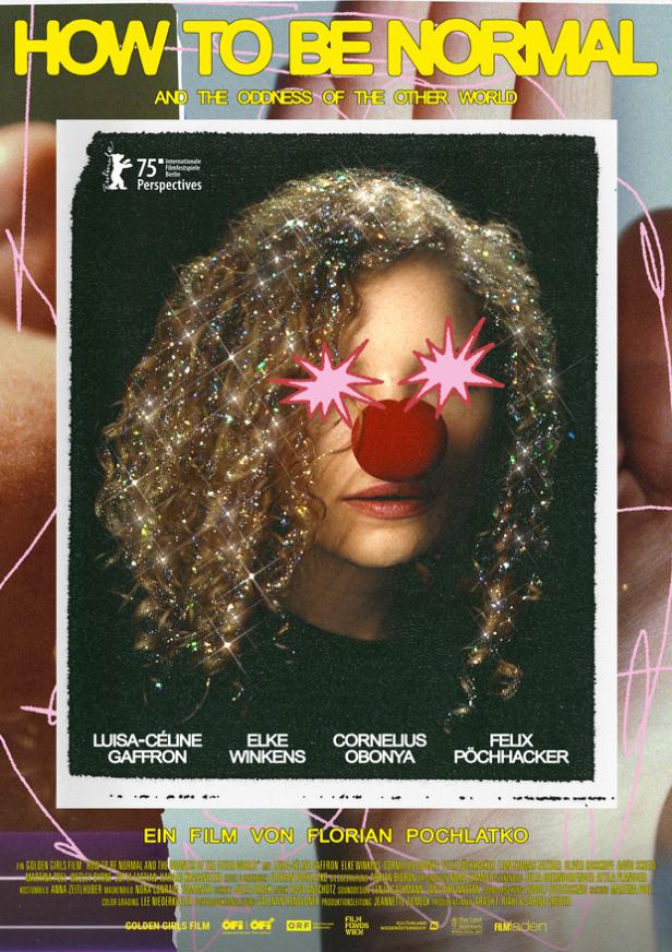 Das Filmplakat zu „How to Be Normal“ zeigt eine Frau mit Glitzer im Haar und Clownsnase.