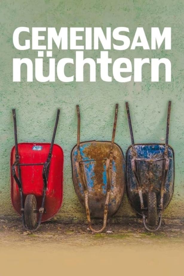 Drei Schubkarren unterschiedlicher Farben stehen vor einer grünen Wand. Über ihnen steht der Text „Gemeinsam nüchtern“.