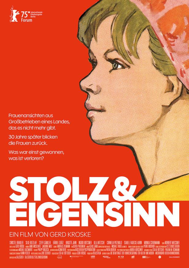 Das Filmplakat zu „Stolz & Eigensinn“ zeigt das stilisierte Profil einer Frau vor rotem Hintergrund.