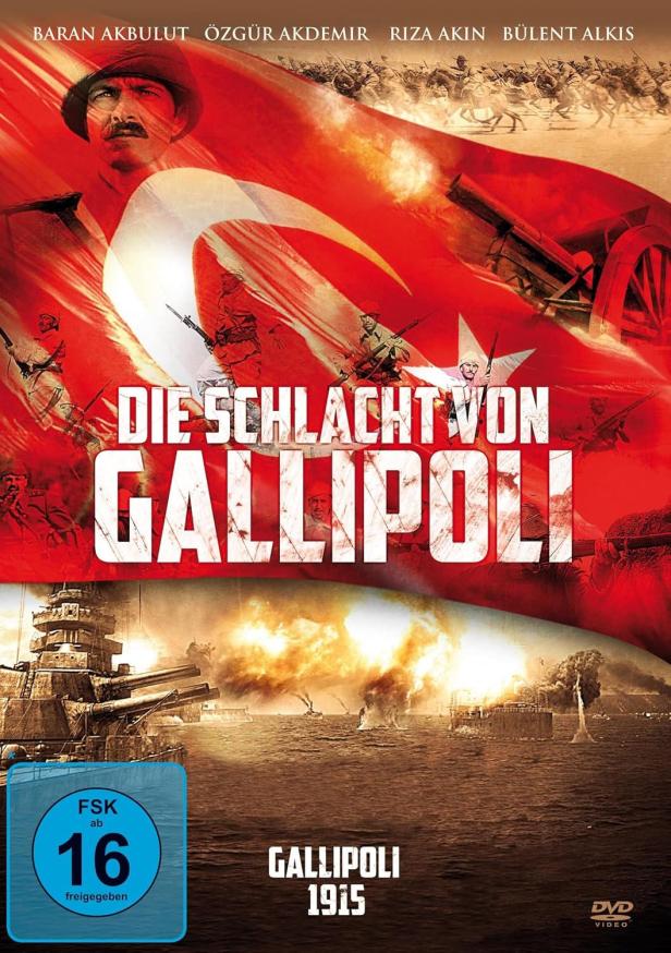 Das Filmplakat für „Die Schlacht von Gallipoli“ zeigt Kriegsszenen vor einer türkischen Flagge.
