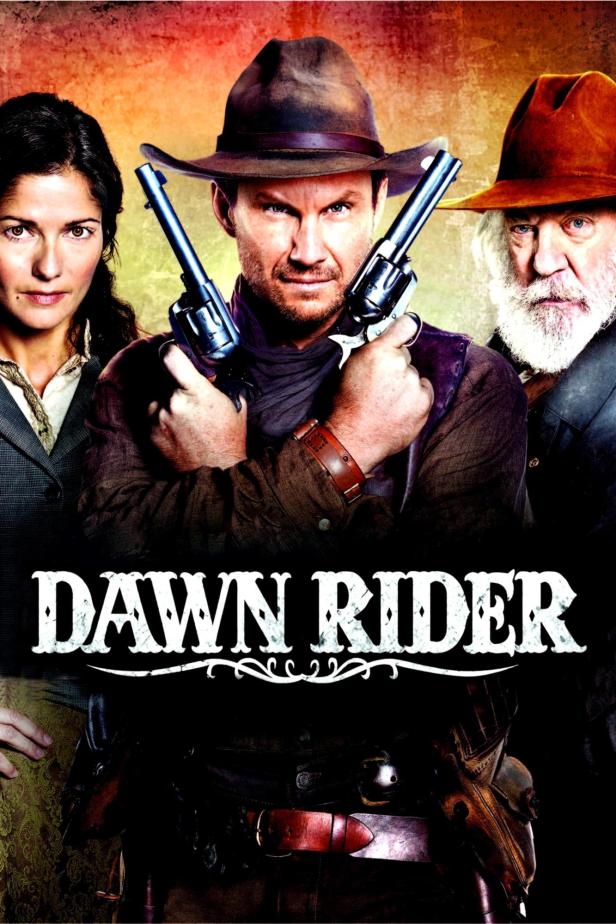 Das Filmplakat für „Dawn Rider“ zeigt drei Personen und den Filmtitel.